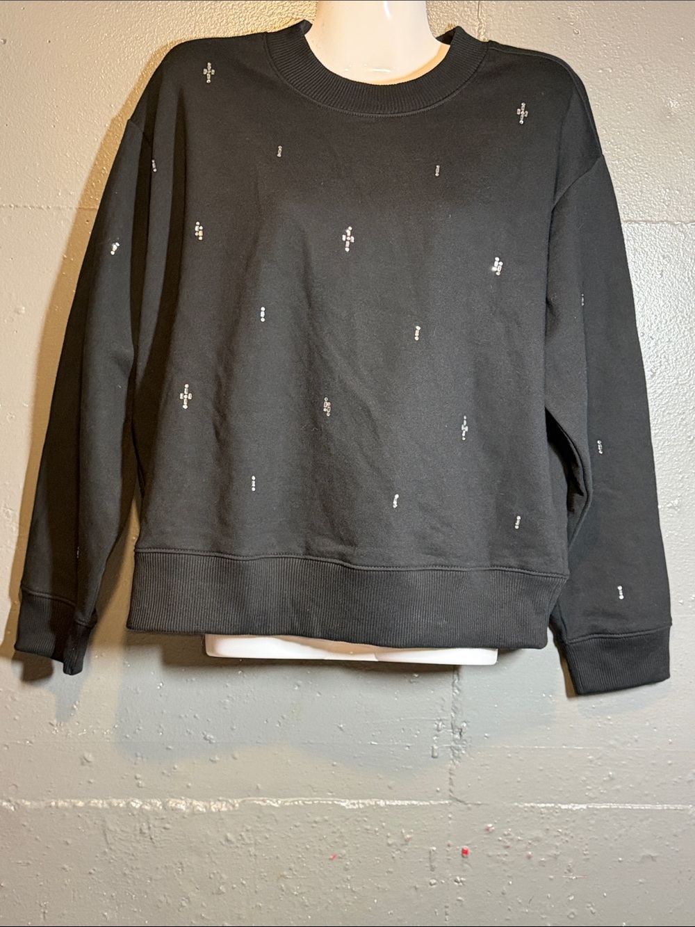 a new day Black Crewneck Sweatshirt with Tiny Silver Rhinestone Embellishments